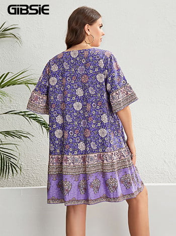 GIBSIE Plus Size Floral Print Λαιμόκοψη Γυναικείο φόρεμα με μισό μανίκι Γιορτινή μόδα Boho Beach Καλοκαιρινή χαλαρά μίνι φορέματα 2023 Νέο