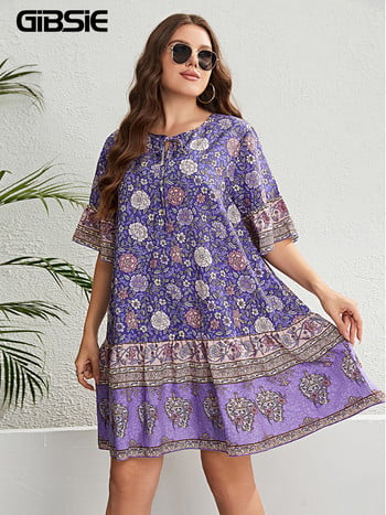 GIBSIE Plus Size Floral Print Λαιμόκοψη Γυναικείο φόρεμα με μισό μανίκι Γιορτινή μόδα Boho Beach Καλοκαιρινή χαλαρά μίνι φορέματα 2023 Νέο