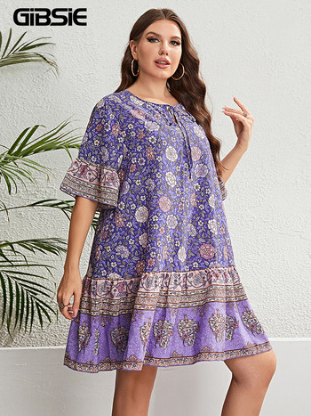 GIBSIE Plus Size Floral Print Λαιμόκοψη Γυναικείο φόρεμα με μισό μανίκι Γιορτινή μόδα Boho Beach Καλοκαιρινή χαλαρά μίνι φορέματα 2023 Νέο