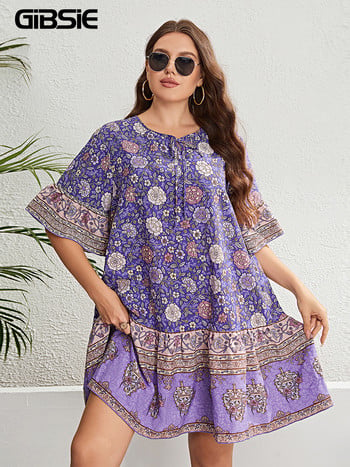 GIBSIE Plus Size Floral Print Λαιμόκοψη Γυναικείο φόρεμα με μισό μανίκι Γιορτινή μόδα Boho Beach Καλοκαιρινή χαλαρά μίνι φορέματα 2023 Νέο