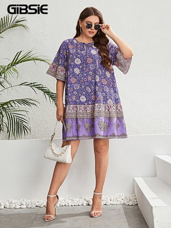 GIBSIE Plus Size Floral Print Λαιμόκοψη Γυναικείο φόρεμα με μισό μανίκι Γιορτινή μόδα Boho Beach Καλοκαιρινή χαλαρά μίνι φορέματα 2023 Νέο