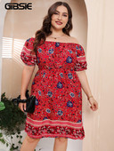 GIBSIE Plus Size Floral Print Off Shoulder Puff Sleeve Φόρεμα Γυναικείο Καλοκαιρινό Boho Midi Φορέματα A-Line 4xl 5xl Elastic Vestidos