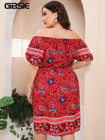 GIBSIE Plus Size Floral Print Off Shoulder Puff Sleeve Φόρεμα Γυναικείο Καλοκαιρινό Boho Midi Φορέματα A-Line 4xl 5xl Elastic Vestidos