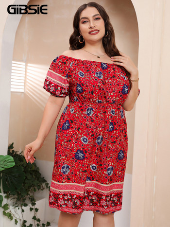 GIBSIE Plus Size Floral Print Off Shoulder Puff Sleeve Φόρεμα Γυναικείο Καλοκαιρινό Boho Midi Φορέματα A-Line 4xl 5xl Elastic Vestidos