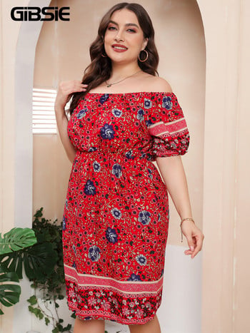 GIBSIE Plus Size Floral Print Off Shoulder Puff Sleeve Φόρεμα Γυναικείο Καλοκαιρινό Boho Midi Φορέματα A-Line 4xl 5xl Elastic Vestidos