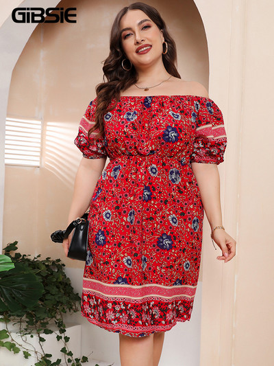 GIBSIE Plus Size Floral Print Off Shoulder Puff Sleeve Φόρεμα Γυναικείο Καλοκαιρινό Boho Midi Φορέματα A-Line 4xl 5xl Elastic Vestidos