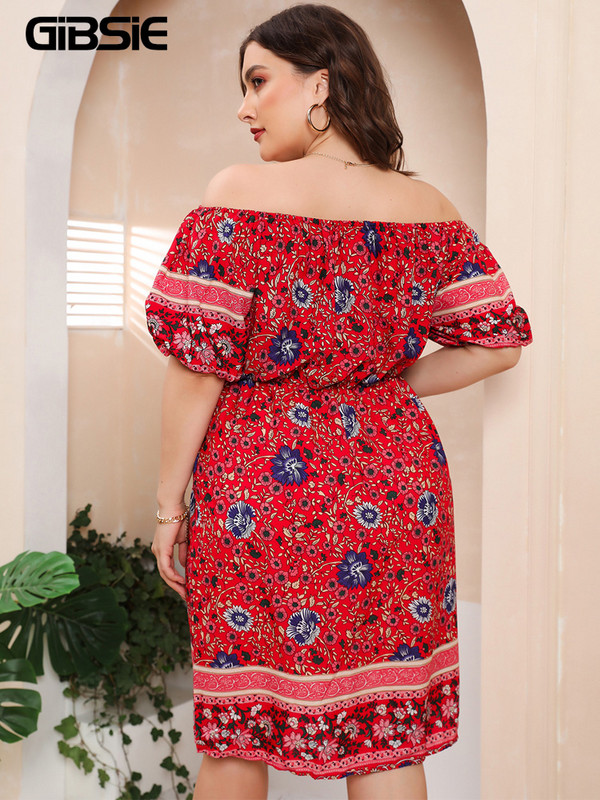 GIBSIE lielizmēra ziedu apdruka pie pleciem, pūšām piedurknēm, sieviešu vasaras kleitas Boho Midi A-Line kleitas 4xl 5xl elastīgas Vestidos
