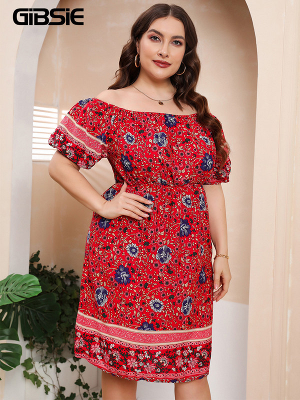 GIBSIE lielizmēra ziedu apdruka pie pleciem, pūšām piedurknēm, sieviešu vasaras kleitas Boho Midi A-Line kleitas 4xl 5xl elastīgas Vestidos