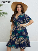 GIBSIE Plus Size Tropical Print V λαιμόκοψη μανίκι πεταλούδα Γυναικείο φόρεμα Vacation Boho Beach Casual ελαστικά καλοκαιρινά μίντι φορέματα 2023