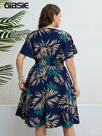 GIBSIE Plus Size Tropical Print V λαιμόκοψη μανίκι πεταλούδα Γυναικείο φόρεμα Vacation Boho Beach Casual ελαστικά καλοκαιρινά μίντι φορέματα 2023