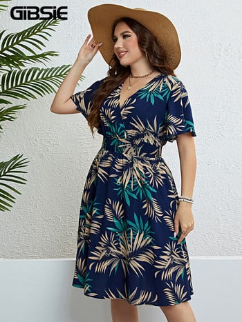 GIBSIE Plus Size Tropical Print V λαιμόκοψη μανίκι πεταλούδα Γυναικείο φόρεμα Vacation Boho Beach Casual ελαστικά καλοκαιρινά μίντι φορέματα 2023