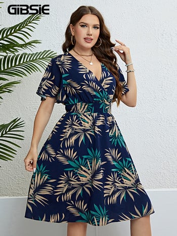 GIBSIE Plus Size Tropical Print V λαιμόκοψη μανίκι πεταλούδα Γυναικείο φόρεμα Vacation Boho Beach Casual ελαστικά καλοκαιρινά μίντι φορέματα 2023