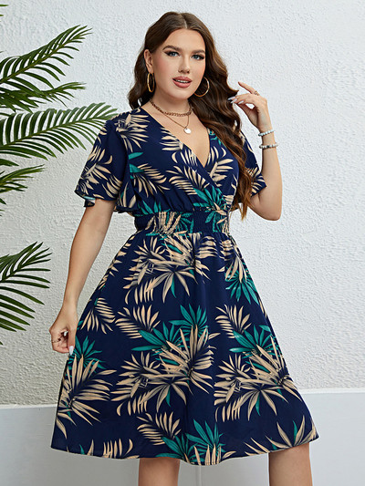 GIBSIE Plus Size Tropical Print V λαιμόκοψη μανίκι πεταλούδα Γυναικείο φόρεμα Vacation Boho Beach Casual ελαστικά καλοκαιρινά μίντι φορέματα 2023