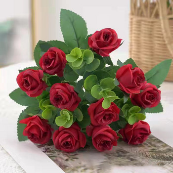Изкуствено цвете, роза, червена евкалиптова листа, букет от божури, 10 глави, фалшиви цветя, сватбен домашен декор, подарък за деня на майката, Свети Валентин
