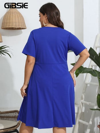 GIBSIE Plus Size Solid Hollow out Scallop Trim Midi Φορέματα Γυναικεία καλοκαιρινά κοντομάνικα ψηλόμεση Γυναικείο casual φόρεμα A-Line 2023