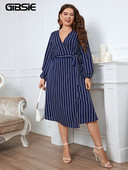 GIBSIE Plus Size Surplice nyakú, csíkos, öves, pántos női ruha tavaszi ősz magas derekú, hosszú ujjú női alkalmi A-vonalú ruhák