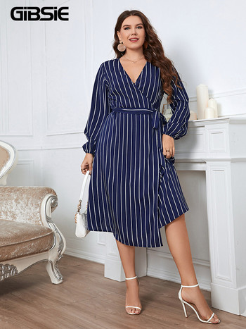 GIBSIE Plus Size Surplice λαιμόκοψη με ριγέ περιτυλιγμένο φόρεμα με ζώνη Γυναικείο φθινόπωρο άνοιξη ψηλόμεσο μακρυμάνικο γυναικεία casual φορέματα σε γραμμή Α