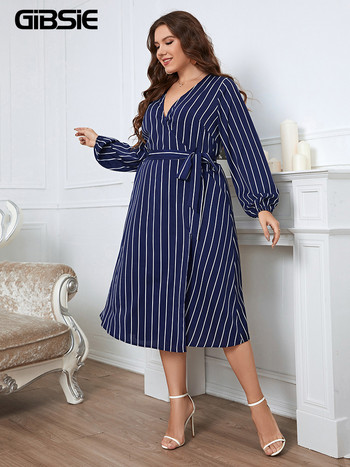 GIBSIE Plus Size Surplice λαιμόκοψη με ριγέ περιτυλιγμένο φόρεμα με ζώνη Γυναικείο φθινόπωρο άνοιξη ψηλόμεσο μακρυμάνικο γυναικεία casual φορέματα σε γραμμή Α