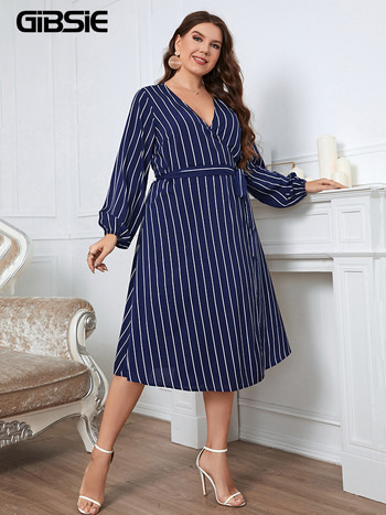 GIBSIE Plus Size Surplice λαιμόκοψη με ριγέ περιτυλιγμένο φόρεμα με ζώνη Γυναικείο φθινόπωρο άνοιξη ψηλόμεσο μακρυμάνικο γυναικεία casual φορέματα σε γραμμή Α