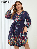 GIBSIE didelio dydžio gėlėmis marginta suknelė su kaklu su diržu, pavasario rudens, ilgomis rankovėmis, Boho moteriškos A formos midi suknelės, 2022 m.