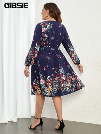 GIBSIE Plus Size Floral Print Surplice Γυναικείο Φόρεμα με Ζώνη Λαιμού Άνοιξη Φθινοπωρινό μακρυμάνικο Boho Γυναικεία μίντι φορέματα σε γραμμή Α 2022