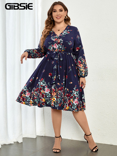 GIBSIE didelio dydžio gėlėmis marginta suknelė su kaklu su diržu, pavasario rudens, ilgomis rankovėmis, Boho moteriškos A formos midi suknelės, 2022 m.
