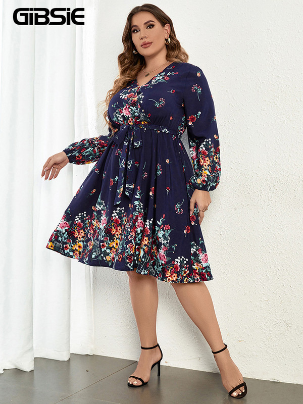 GIBSIE didelio dydžio gėlėmis marginta suknelė su kaklu su diržu, pavasario rudens, ilgomis rankovėmis, Boho moteriškos A formos midi suknelės, 2022 m.