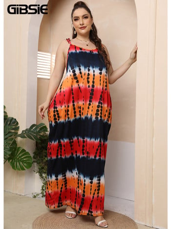 GIBSIE Plus Size Tie Shoulder V-Neck Tie Dye Cami Φόρεμα Γυναικείο Καλοκαιρινό χαλαρό Casual Sundress Holiday Beach Maxi Φορέματα 3XL 4XL