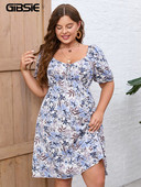 GIBSIE Rochie de plajă cu imprimeuri florale cu noduri în fața mărimii mari, boho, casual, cu mâneci bufante, rochii de vară