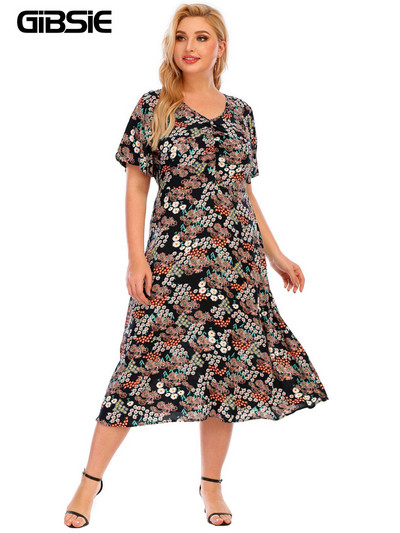GIBSIE Plus mărime cu decolteu în V rochie lungă cu imprimeu casual femei vară cu mâneci scurte stil vacanță rochie de plajă pentru femei 3xl 4xl îmbrăcăminte boho