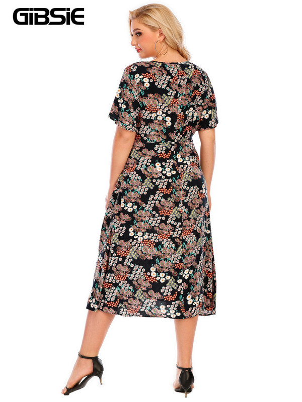 GIBSIE Plus mărime cu decolteu în V rochie lungă cu imprimeu casual femei vară cu mâneci scurte stil vacanță rochie de plajă pentru femei 3xl 4xl îmbrăcăminte boho
