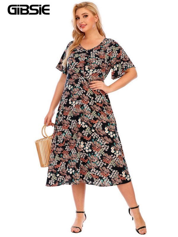 GIBSIE Plus mărime cu decolteu în V rochie lungă cu imprimeu casual femei vară cu mâneci scurte stil vacanță rochie de plajă pentru femei 3xl 4xl îmbrăcăminte boho