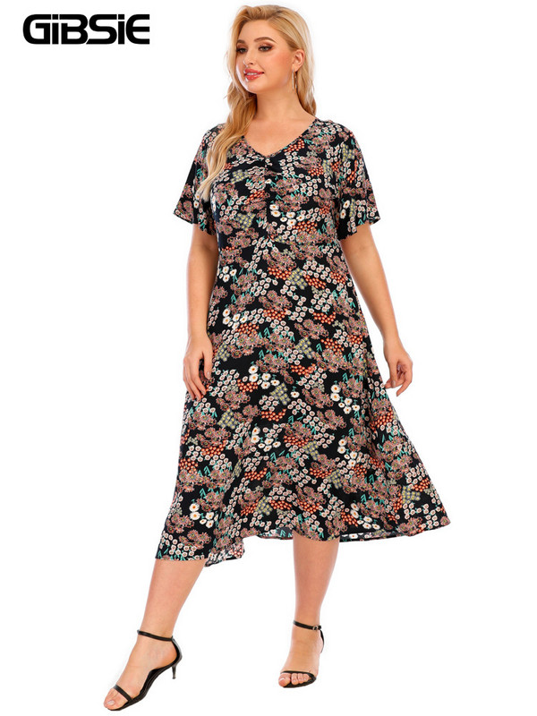 GIBSIE Plus mărime cu decolteu în V rochie lungă cu imprimeu casual femei vară cu mâneci scurte stil vacanță rochie de plajă pentru femei 3xl 4xl îmbrăcăminte boho