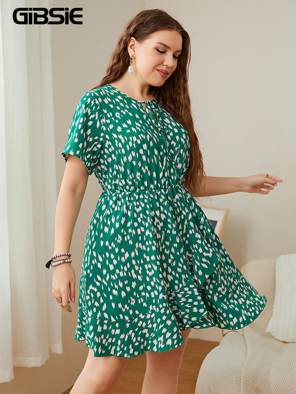 GIBSIE plius dydžio dalmatietiška spausdinta kaklaraištis, atostoginė mini suknelė Boho 2022 m. moteriška vasarinė trumpomis rankovėmis su raukiniais A linijos suknelės