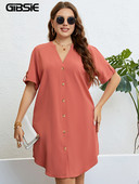 GIBSIE 2023 m. vasarinė didelio dydžio moteriška suknelė su dantytu kaklu, laisvomis laisvalaikio rankovėmis.