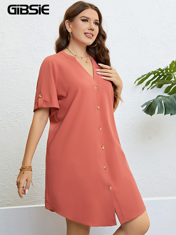 GIBSIE 2023 m. vasarinė didelio dydžio moteriška suknelė su dantytu kaklu, laisvomis laisvalaikio rankovėmis.