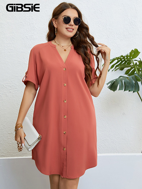 GIBSIE 2023 m. vasarinė didelio dydžio moteriška suknelė su dantytu kaklu, laisvomis laisvalaikio rankovėmis.