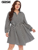 GIBSIE plius dydis ilgomis rankovėmis dryžuota suknelė moteriška Pavasarinė laisvalaikio elastinga juosmens A formos suknelės 3xl 4xl Moteriški Mini Vestidos