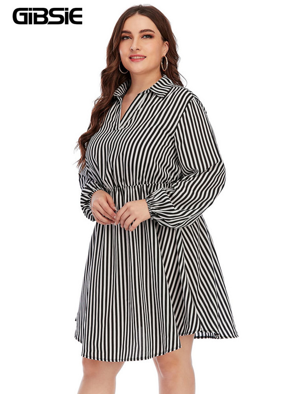 GIBSIE plius dydis ilgomis rankovėmis dryžuota suknelė moteriška Pavasarinė laisvalaikio elastinga juosmens A formos suknelės 3xl 4xl Moteriški Mini Vestidos