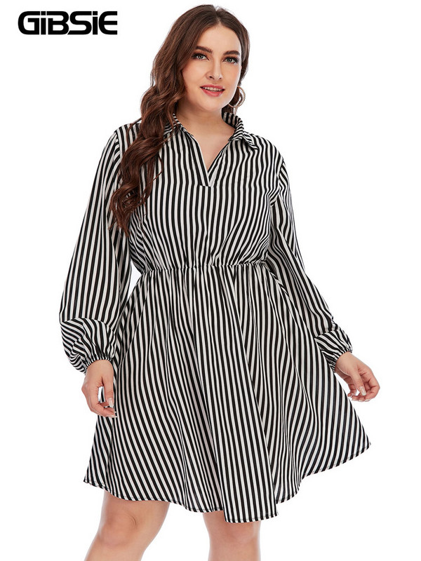 GIBSIE plius dydis ilgomis rankovėmis dryžuota suknelė moteriška Pavasarinė laisvalaikio elastinga juosmens A formos suknelės 3xl 4xl Moteriški Mini Vestidos