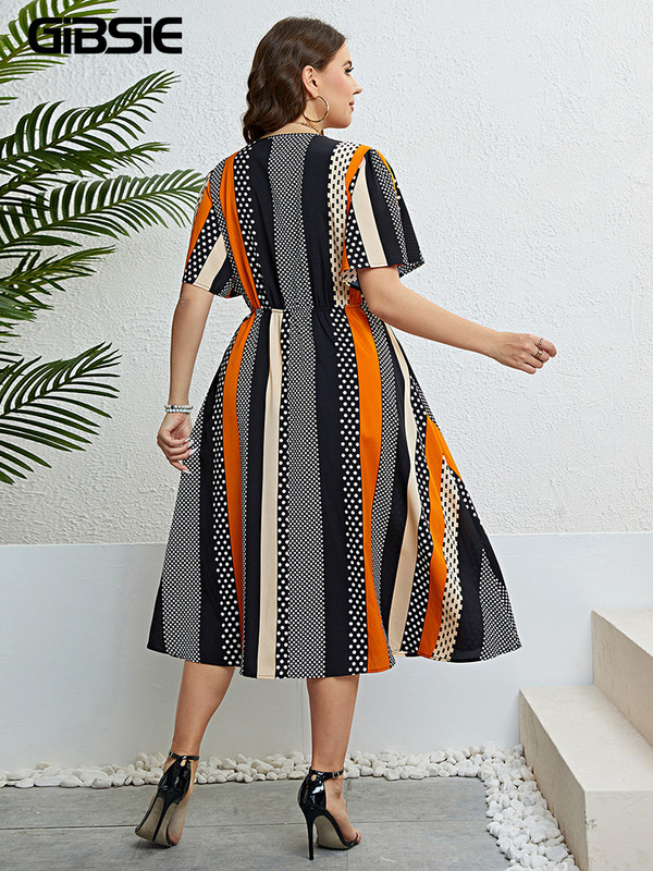 GIBSIE nagy méretű, V-nyakú, pöttyös, színes blokk ruha női 2023-as új nyári elegáns, magas derekú A vonalú női boho hosszú ruhák