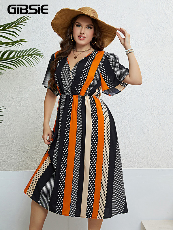GIBSIE nagy méretű, V-nyakú, pöttyös, színes blokk ruha női 2023-as új nyári elegáns, magas derekú A vonalú női boho hosszú ruhák