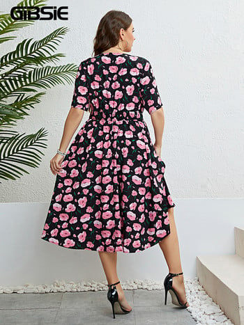 GIBSIE Плюс размер Surplice Neck Floral Print A-Line Dress Women Summer Short Sleeve Vacation Elastic Boho Long Dress 2023 New