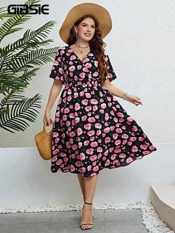 GIBSIE Плюс размер Surplice Neck Floral Print A-Line Dress Women Summer Short Sleeve Vacation Elastic Boho Long Dress 2023 New