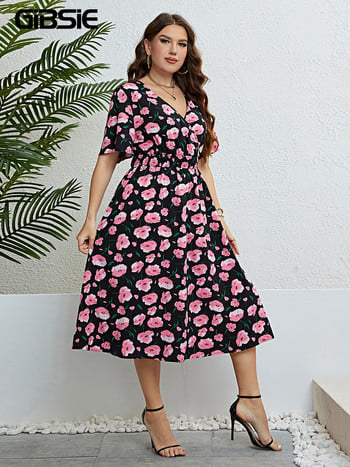 GIBSIE Плюс размер Surplice Neck Floral Print A-Line Dress Women Summer Short Sleeve Vacation Elastic Boho Long Dress 2023 New