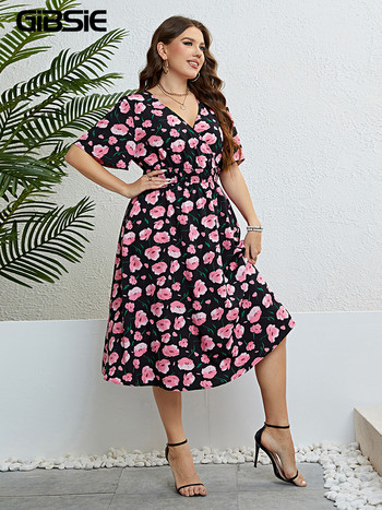 GIBSIE Плюс размер Surplice Neck Floral Print A-Line Dress Women Summer Short Sleeve Vacation Elastic Boho Long Dress 2023 New