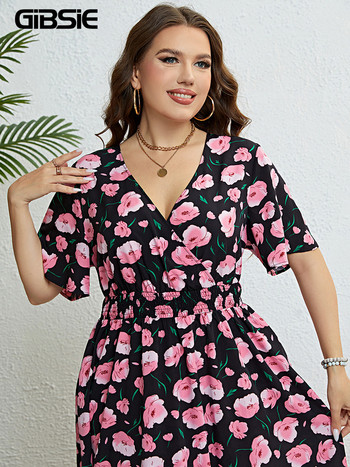 GIBSIE Плюс размер Surplice Neck Floral Print A-Line Dress Women Summer Short Sleeve Vacation Elastic Boho Long Dress 2023 New