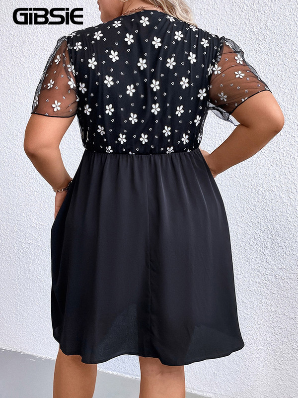 GIBSIE Rochie mini cu mâneci din plasă, cu decolteu în V, cu imprimeu, mărime mare