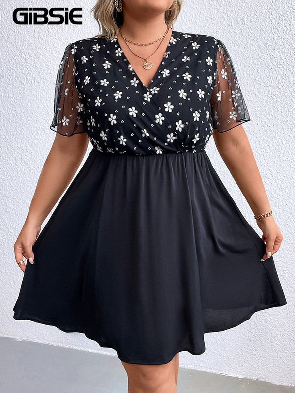 GIBSIE Rochie mini cu mâneci din plasă, cu decolteu în V, cu imprimeu, mărime mare