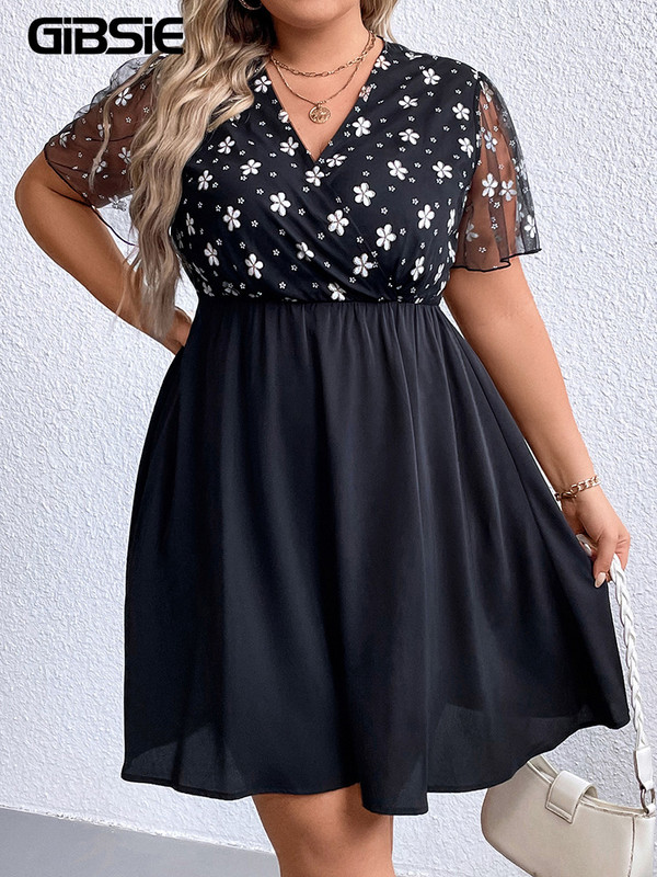 GIBSIE Rochie mini cu mâneci din plasă, cu decolteu în V, cu imprimeu, mărime mare